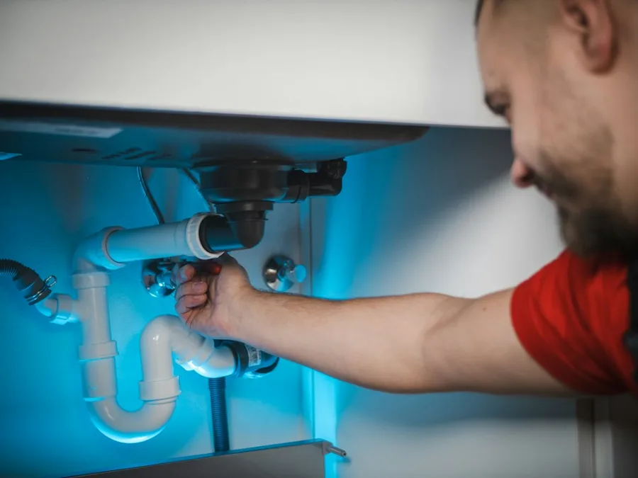 Técnico instalando la tubería bajo un lavamanos