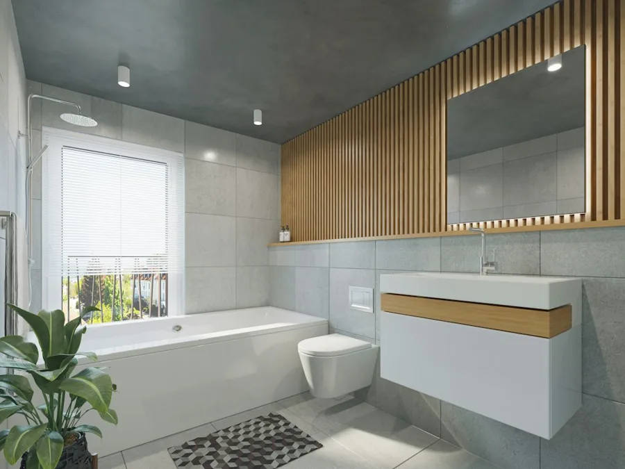 Baño moderno con sanitario, lavamanos y bañera